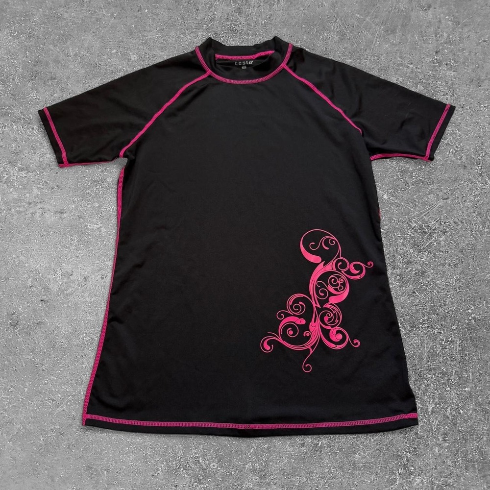 Tesla Womens Black Pink Swirl Graphic Activewear T-Shirt Y2K Small